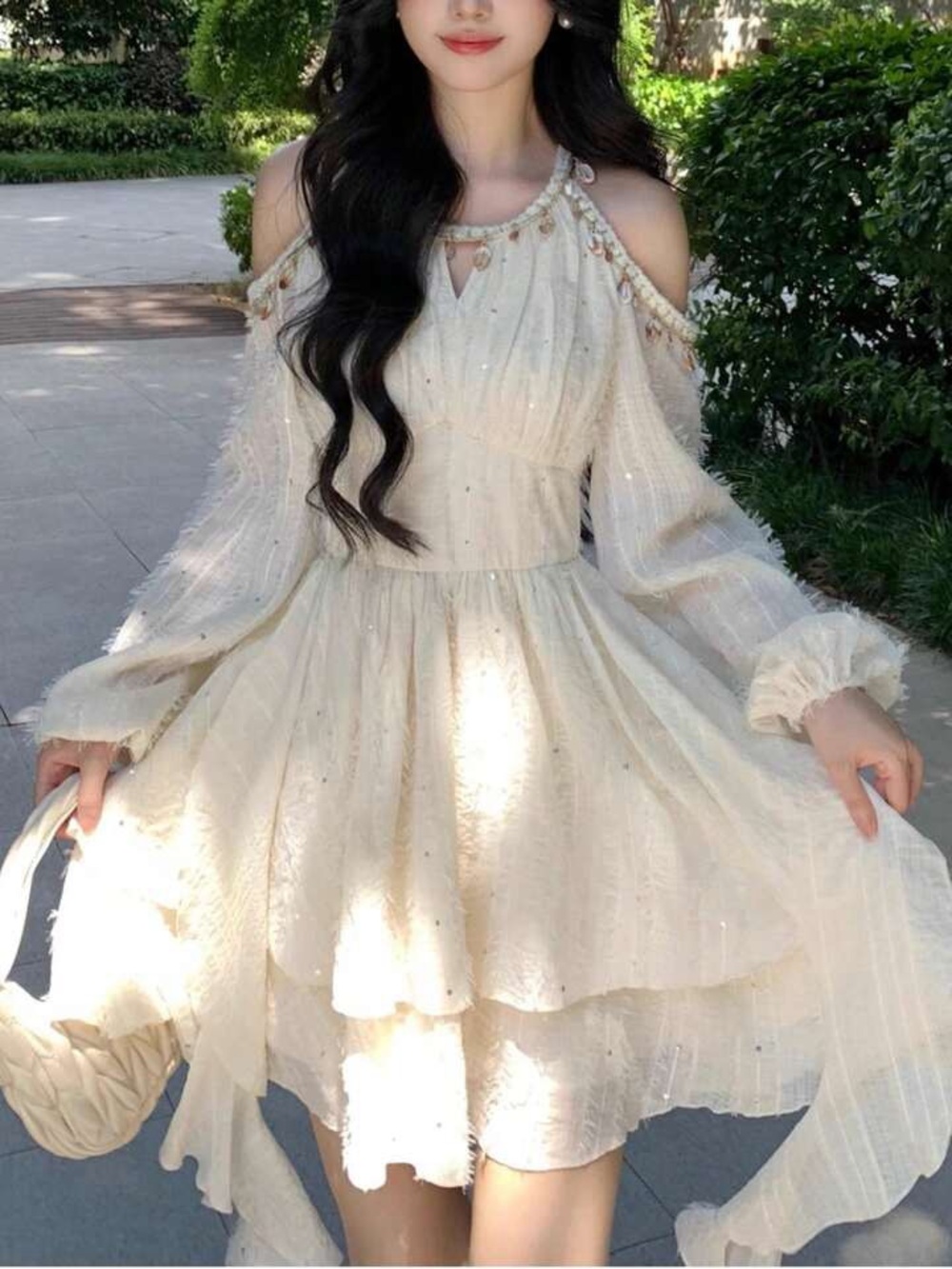 Elegant Cream Cold-Shoulder Layered Dress - Picture 2 of 8